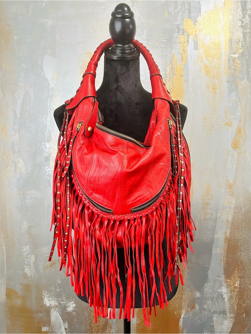Oryany Red Fringe Leather Hobo Bag